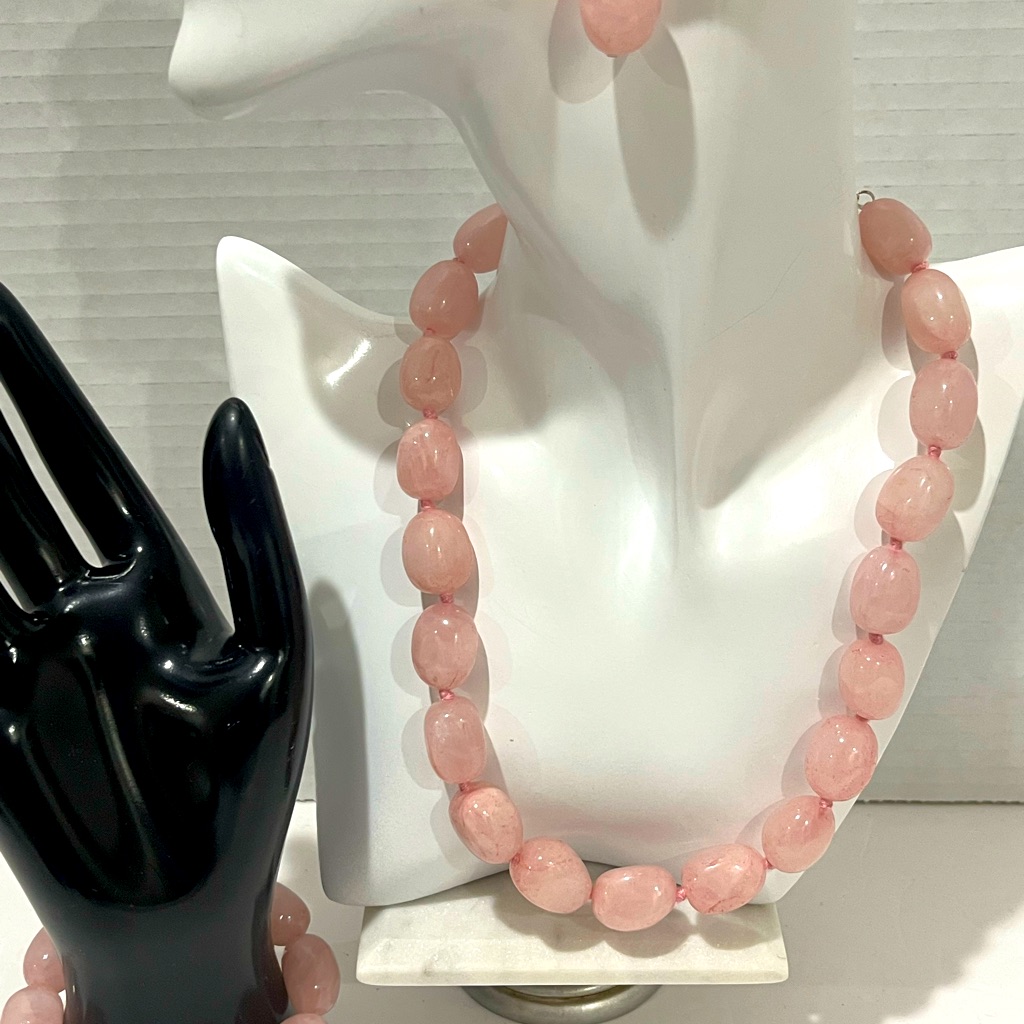Rose Quartz Gemstones Jewelry Set-Earrings,Necklace,Bracelet-In Sterling Silver